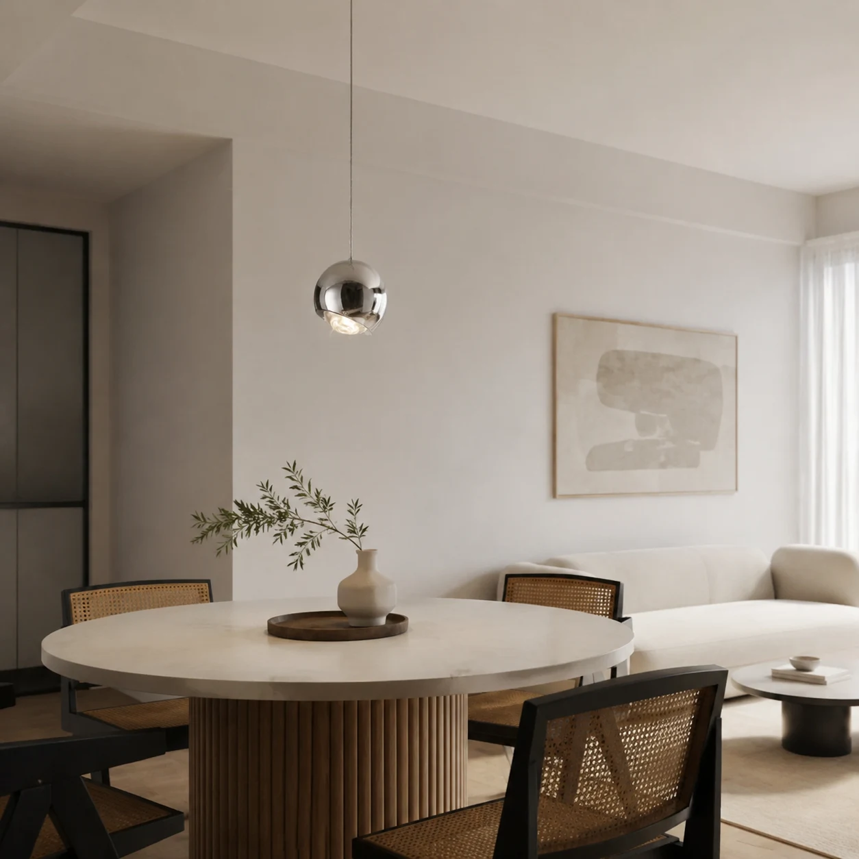 Scena 11 di una lampada a sospensione a forma di sfera con specchietti, in stile metà del secolo scorso.