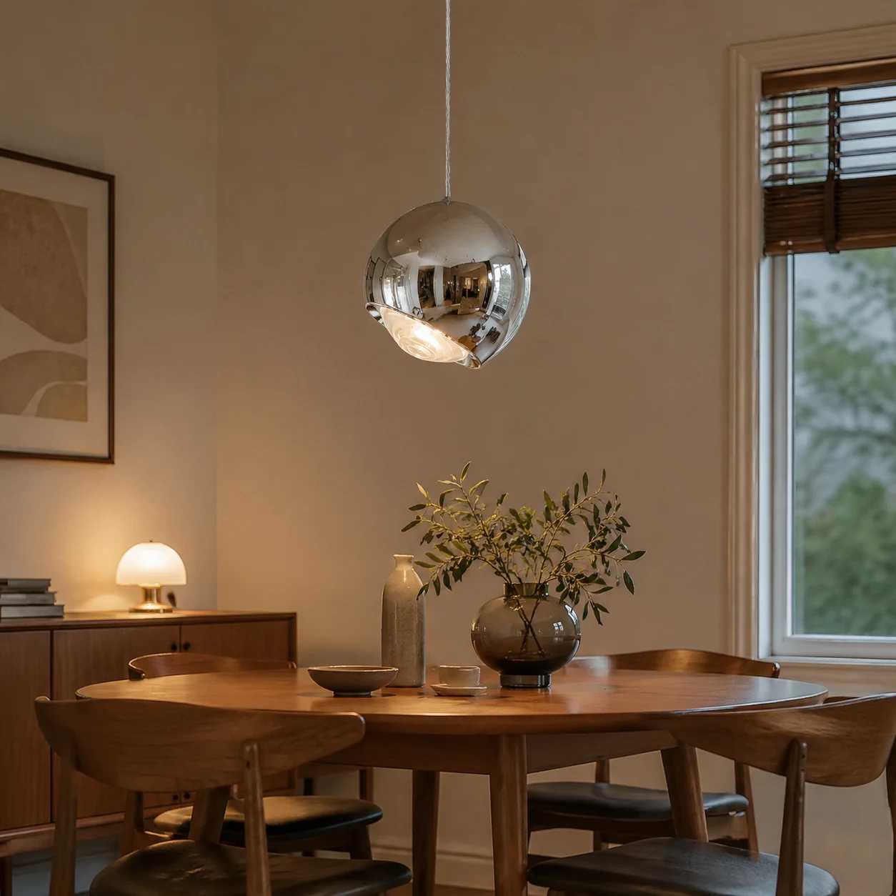 Scena 1 di una lampada a sospensione a forma di sfera con specchietti, in stile metà del XX secolo.