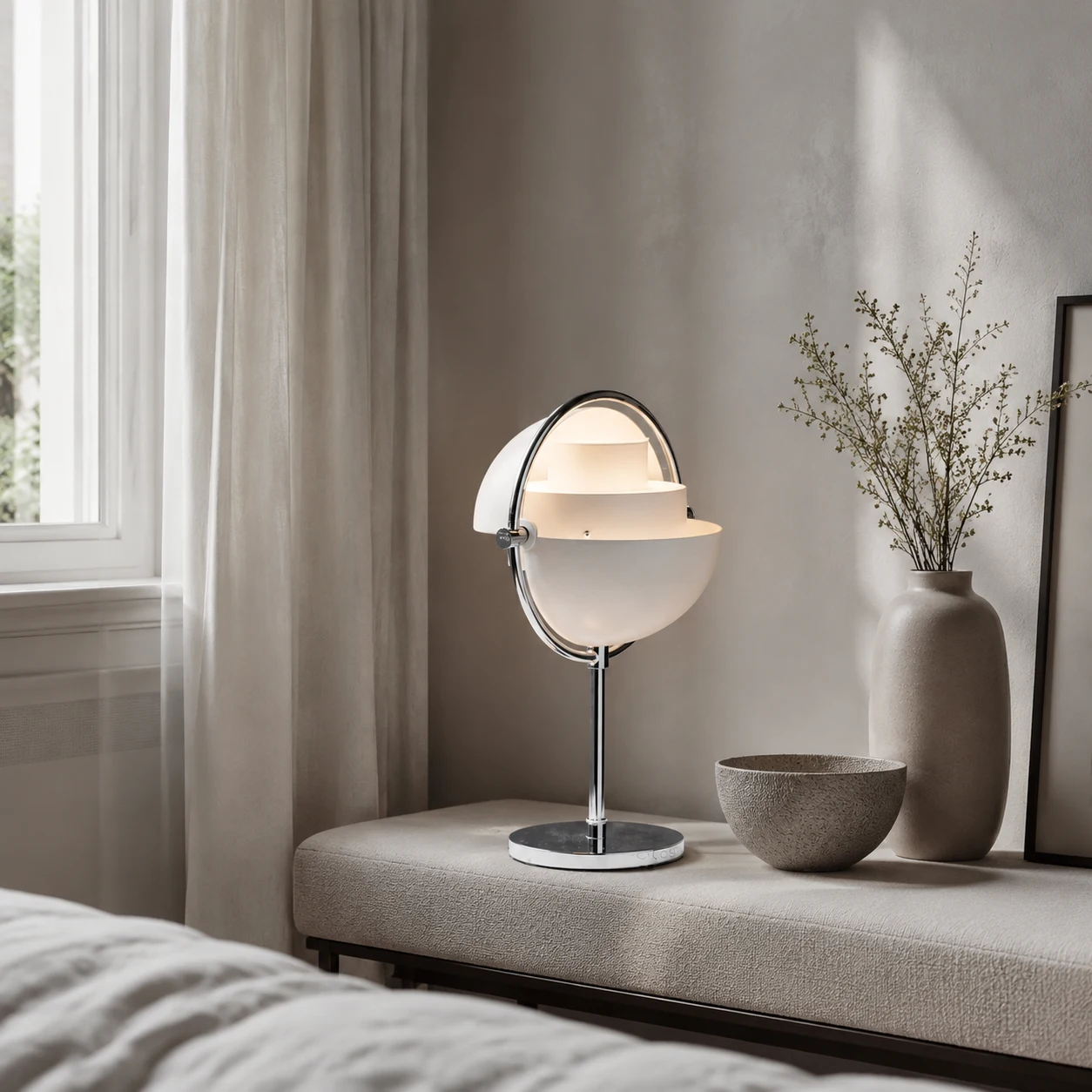 Eine deformierte Kugeltischlampe auf einer Schlafzimmerkonsole
