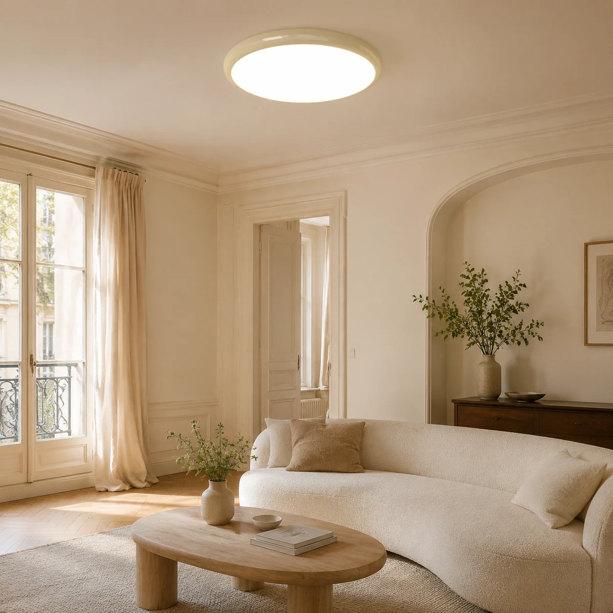 Plafonnier rond Ozawa jaune crème dans un salon crème français