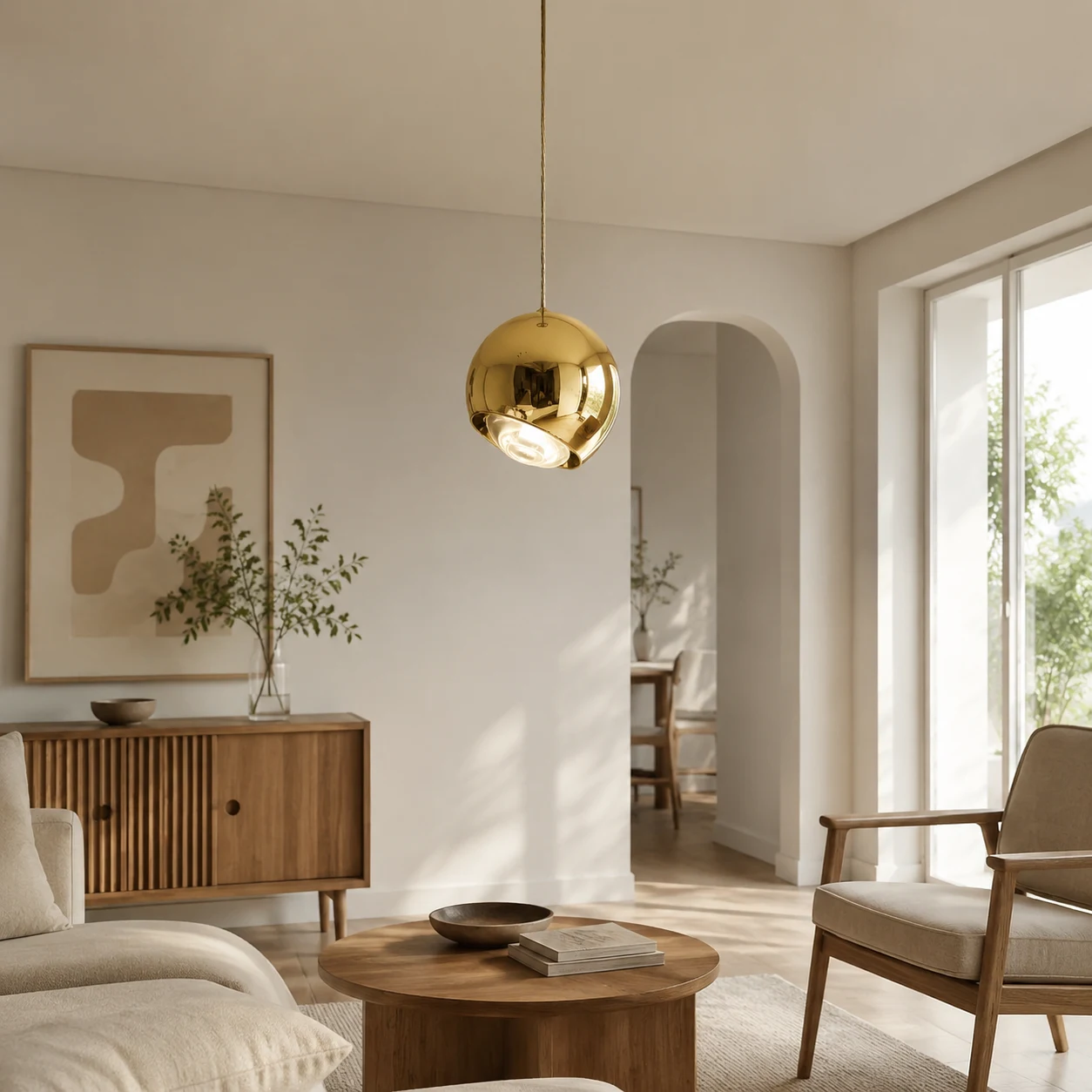 Scena 4 di una lampada a sospensione a forma di sfera con specchietti, in stile metà secolo.