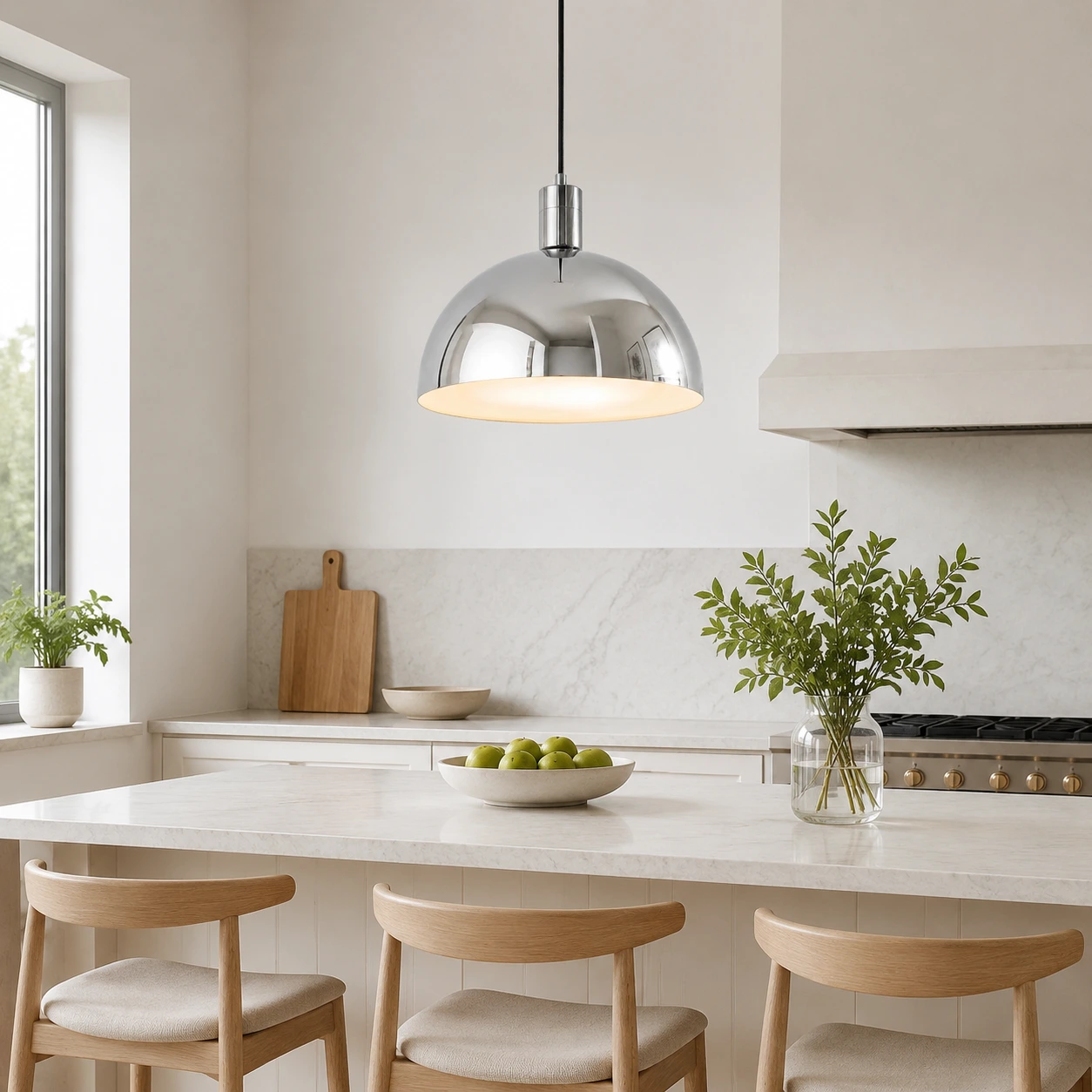 Suspension vintage en fer forgé à dôme rond au-dessus d'un îlot de cuisine lumineux