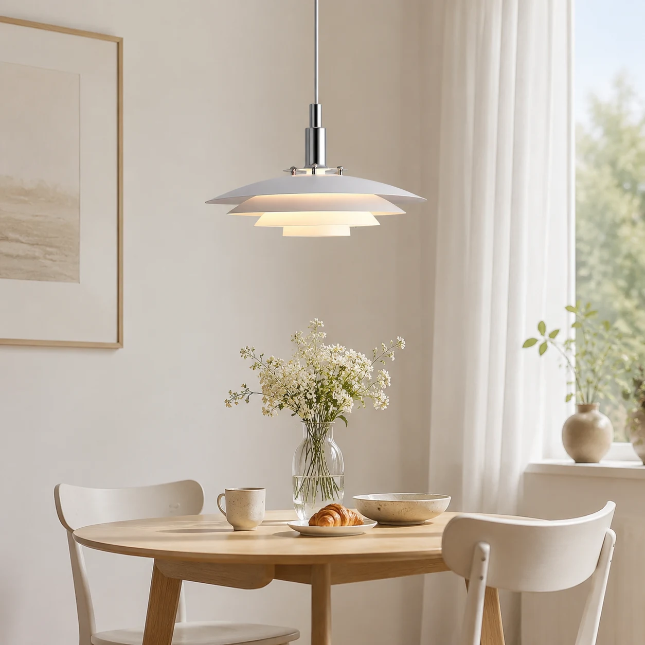 Lámpara colgante Bretagne sobre un luminoso rincón para desayunar.