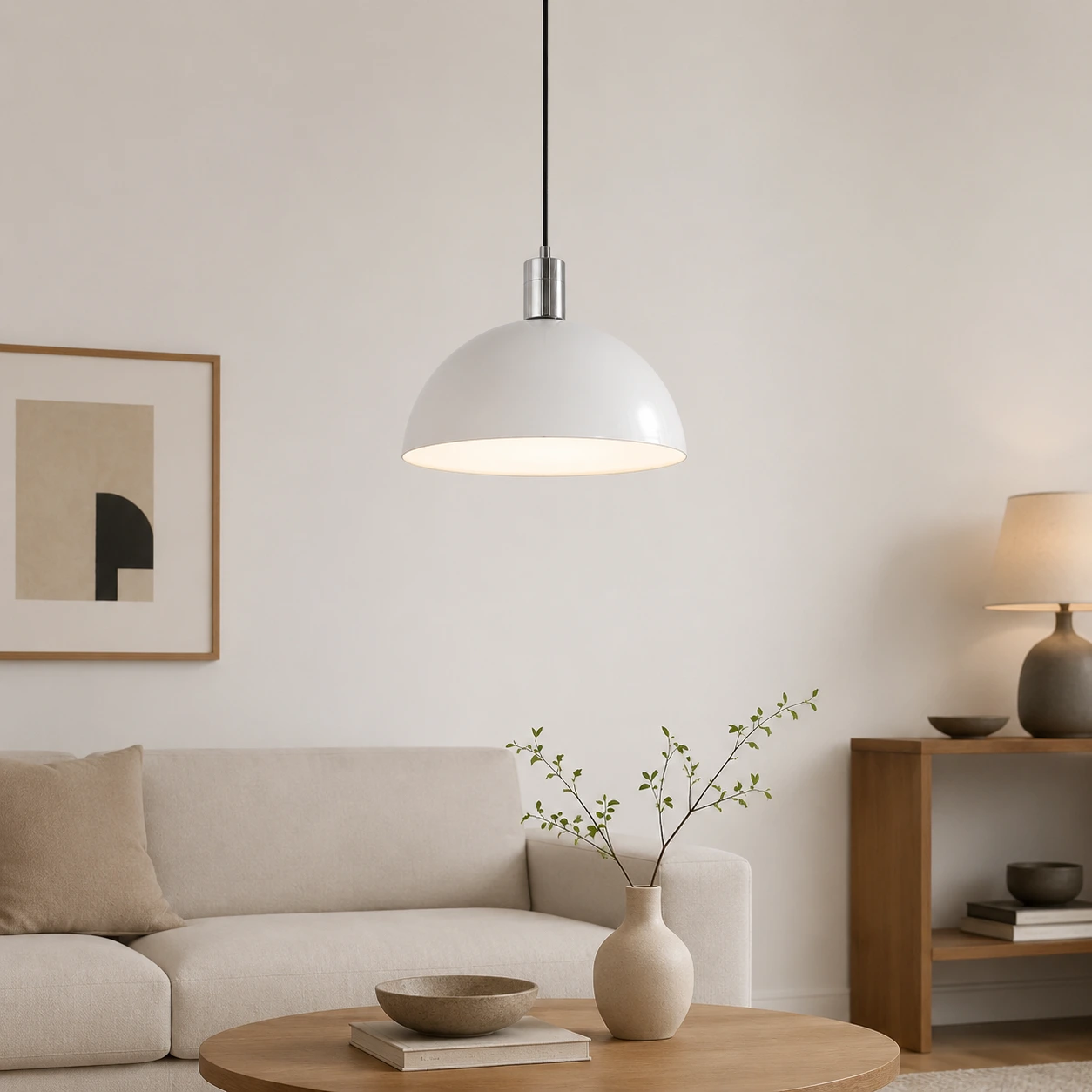 scène de salon avec suspension en dôme blanc
