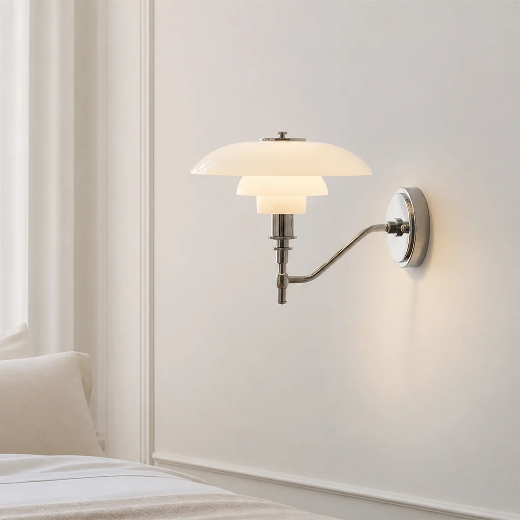 Lampe murale blanche nordique qui brille près d'un lit