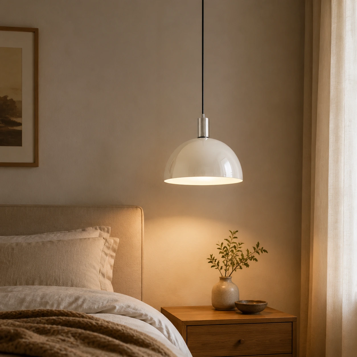 Suspension en forme de dôme blanc laiteux dans un coin de chambre