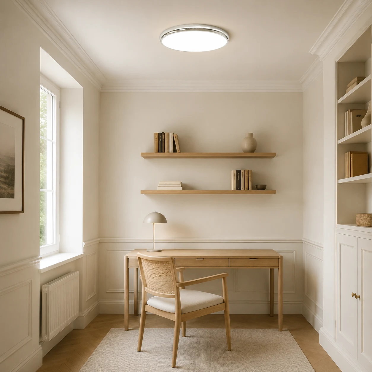 Plafonnier rond encastré Silver Ozawa dans un bureau compact