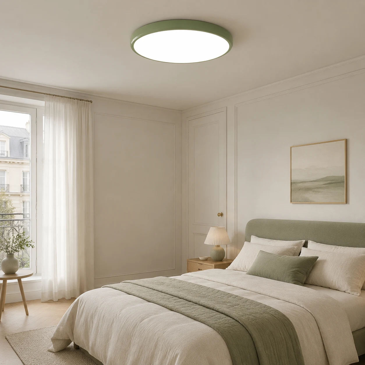 Plafonnier rond Green Ozawa dans une chambre crème sereine