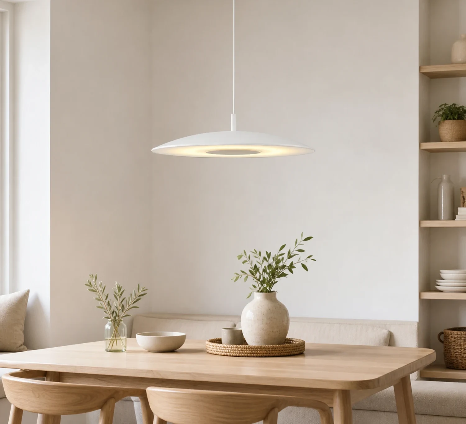 Lampadario a sospensione a forma di disco volante bianco sopra un tavolo da colazione