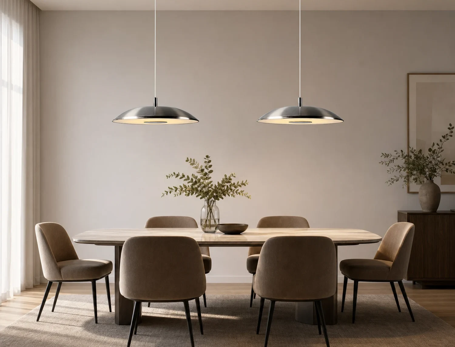 Coppia di lampade a sospensione cromate a forma di disco sopra un tavolo da pranzo.
