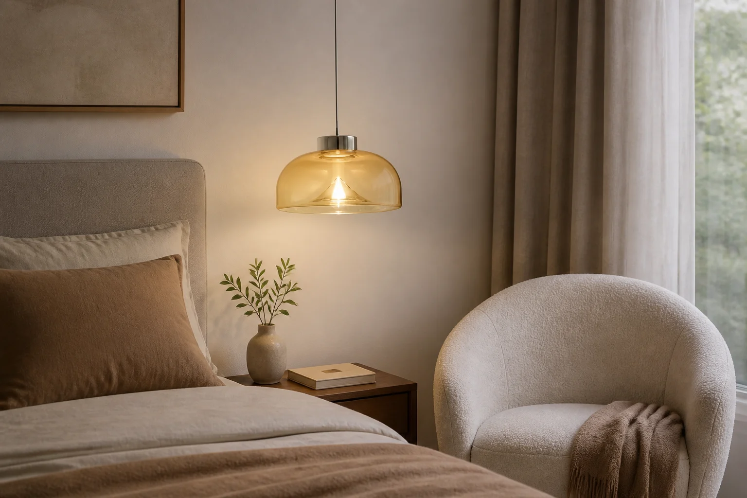 Lampada a sospensione in vetro ambrato nell'angolo lettura della camera da letto