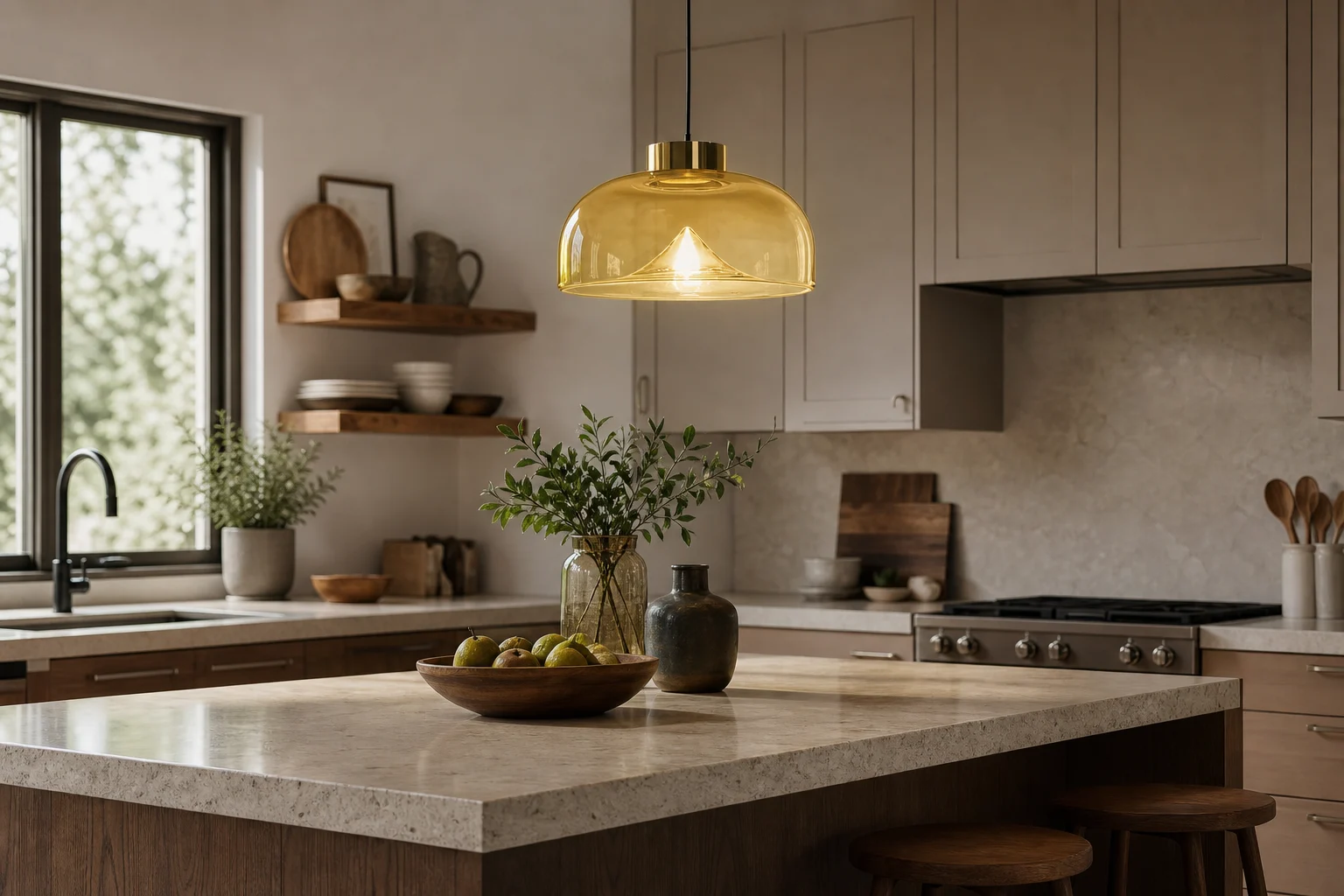 Lampadario a sospensione rotondo in vetro color ambra sopra un'isola cucina dai toni caldi.