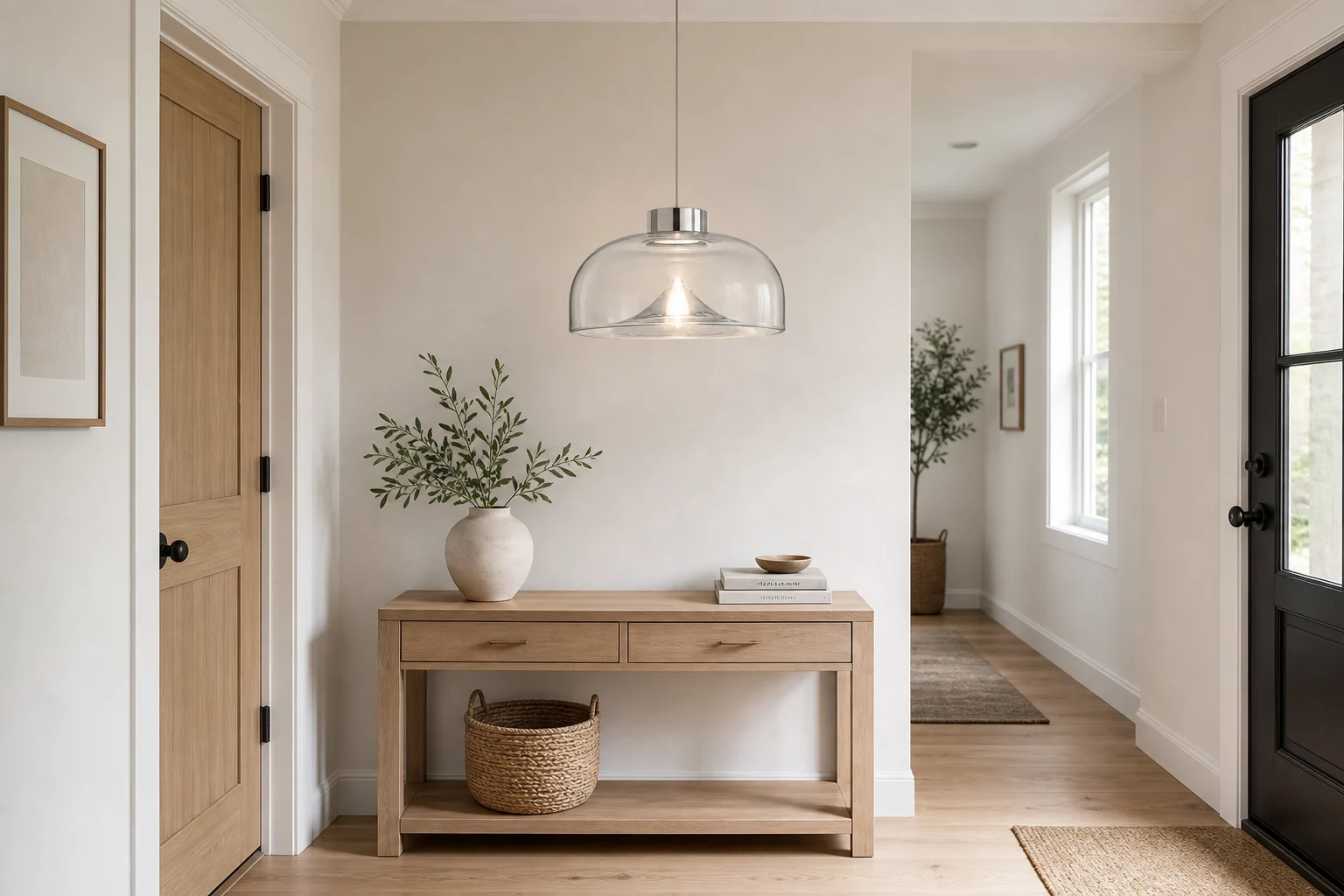 Lampadario a sospensione in vetro trasparente in un ingresso moderno