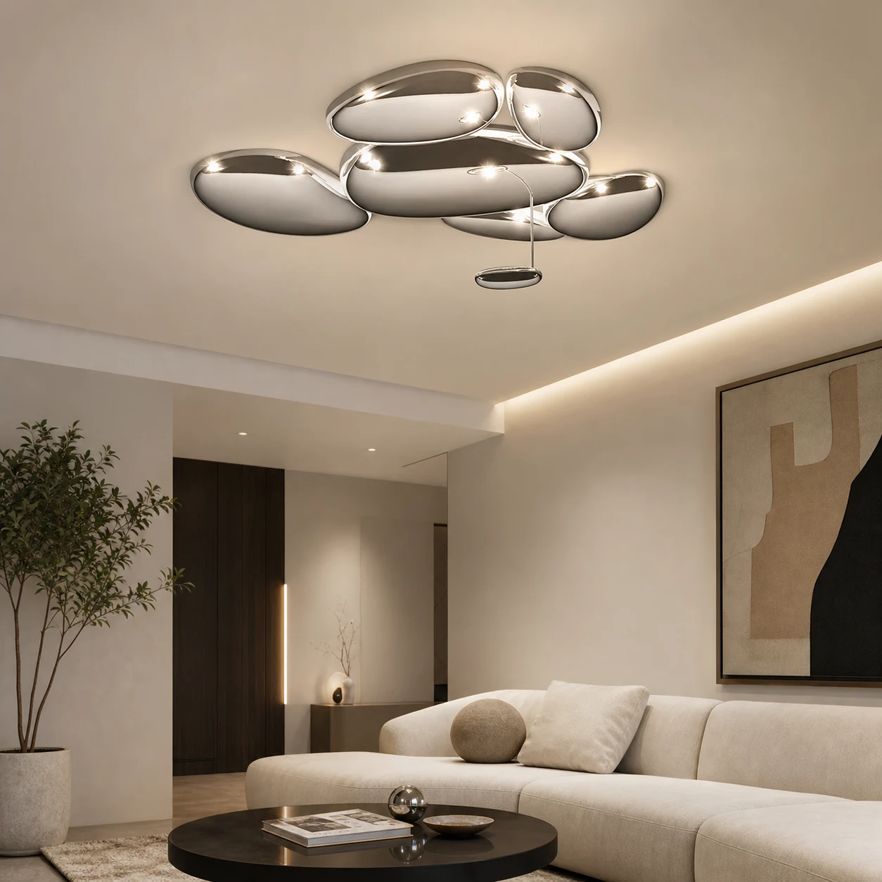Srebrna lampa sufitowa w stylu włoskim, montowana na płasko, w nowoczesnym salonie