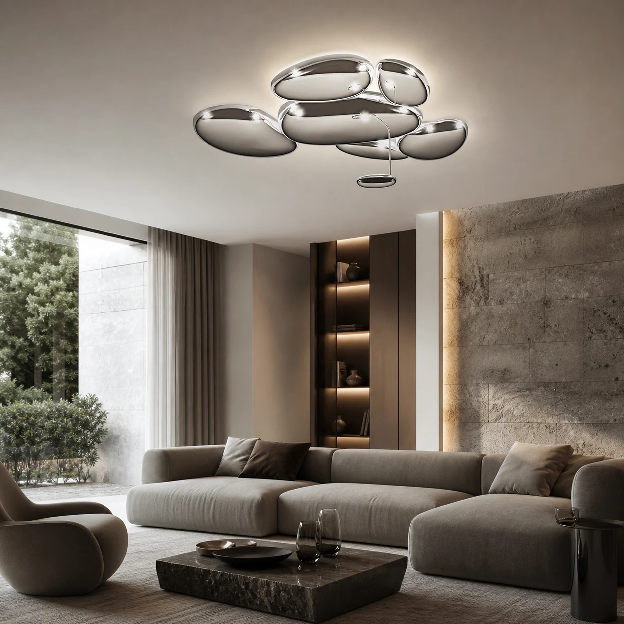 Chromowana lampa sufitowa w nowoczesnym salonie