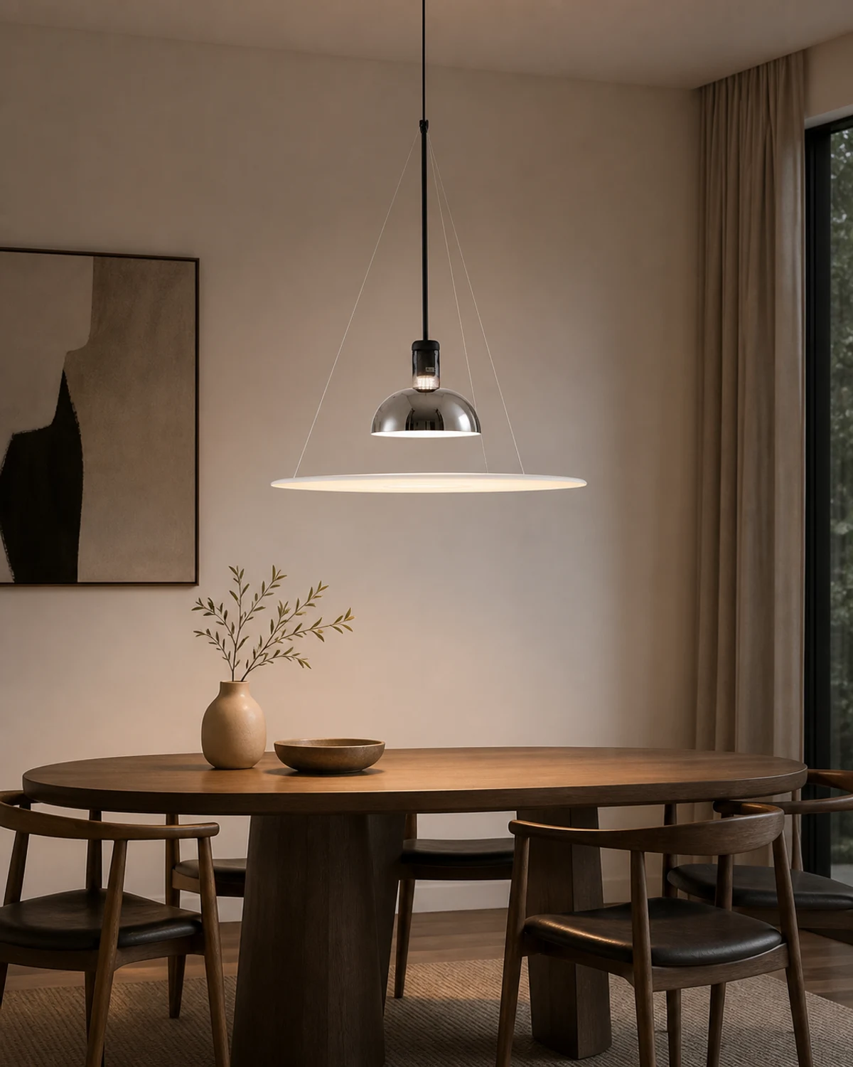 Lámpara colgante Fria UFO sobre una mesa de comedor de cristal