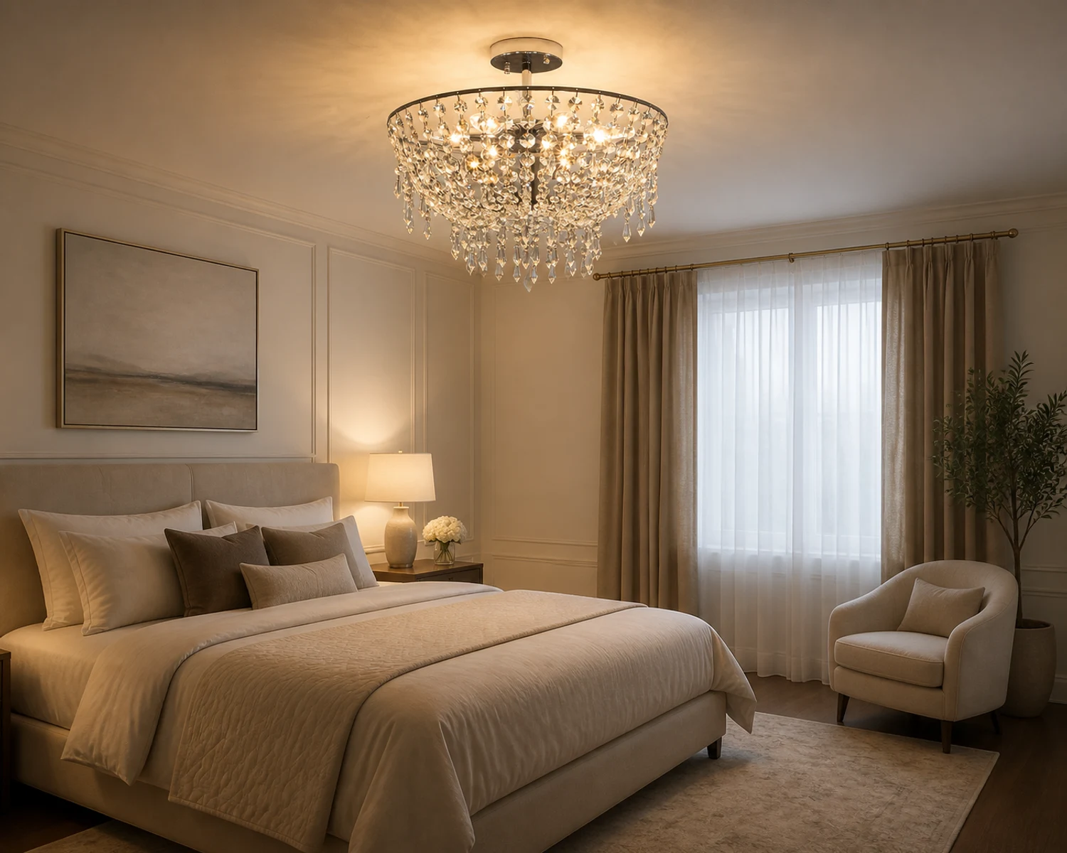 Lampadario a soffitto con ciotola di cristallo in camera da letto