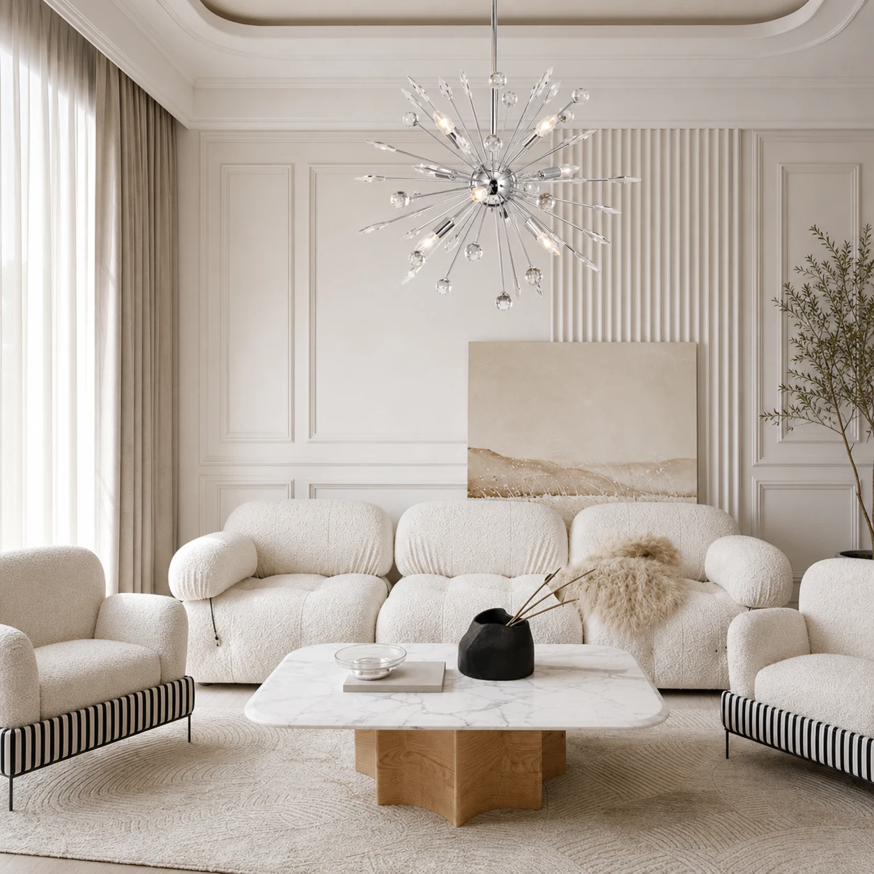 Lampadario Sputnik di cristallo in un soggiorno moderno
