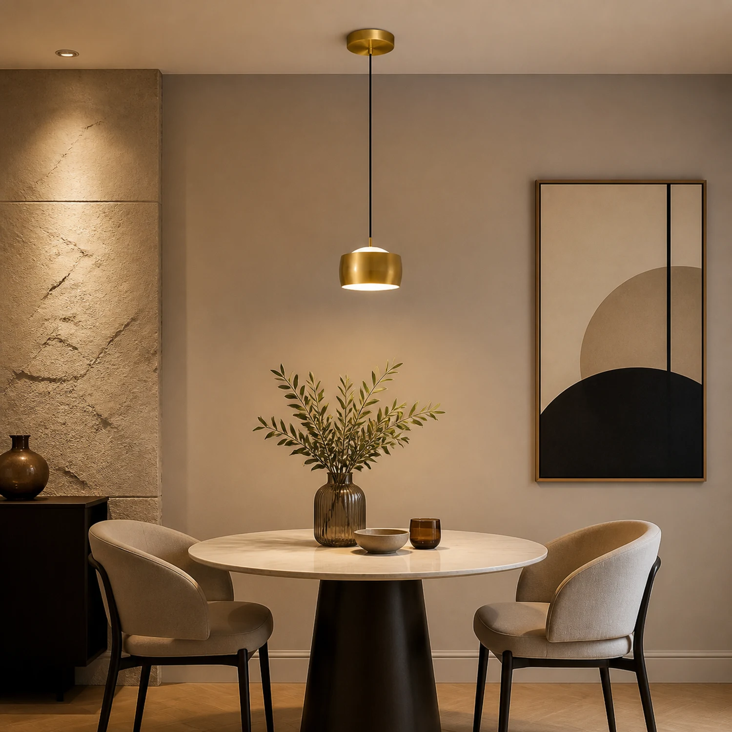 Suspension en forme de tambour en cuivre au-dessus d'une petite table à manger