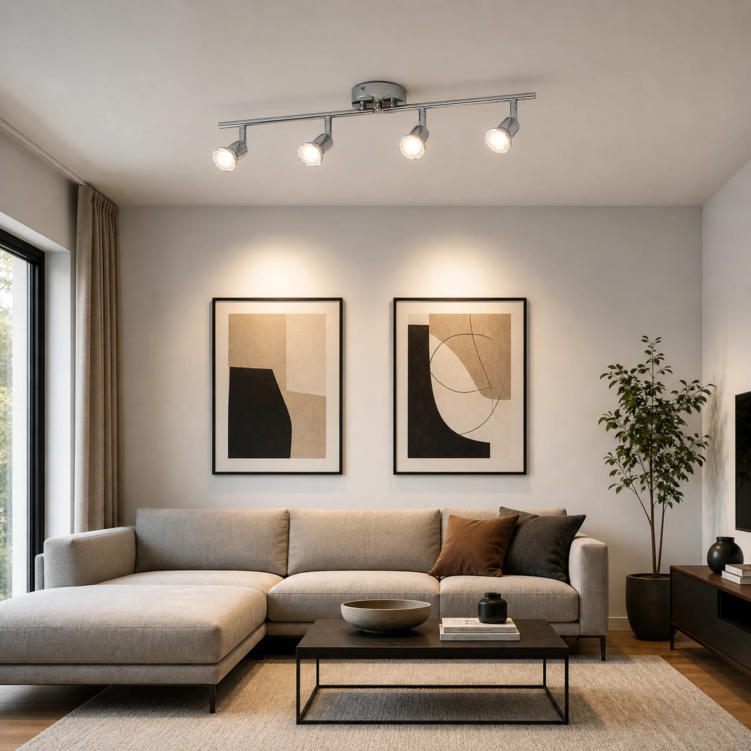 Spot chromé à 4 lumières dans le salon
