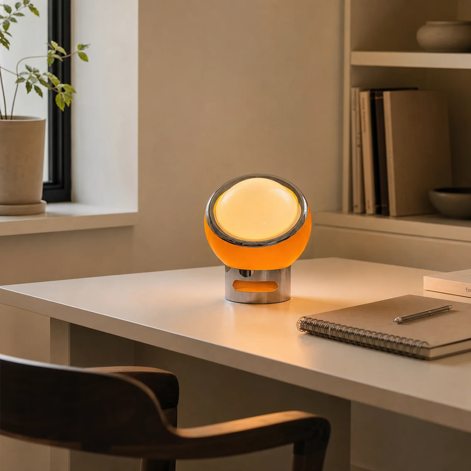 Lampada da tavolo Valeria arancione su una scrivania da studio