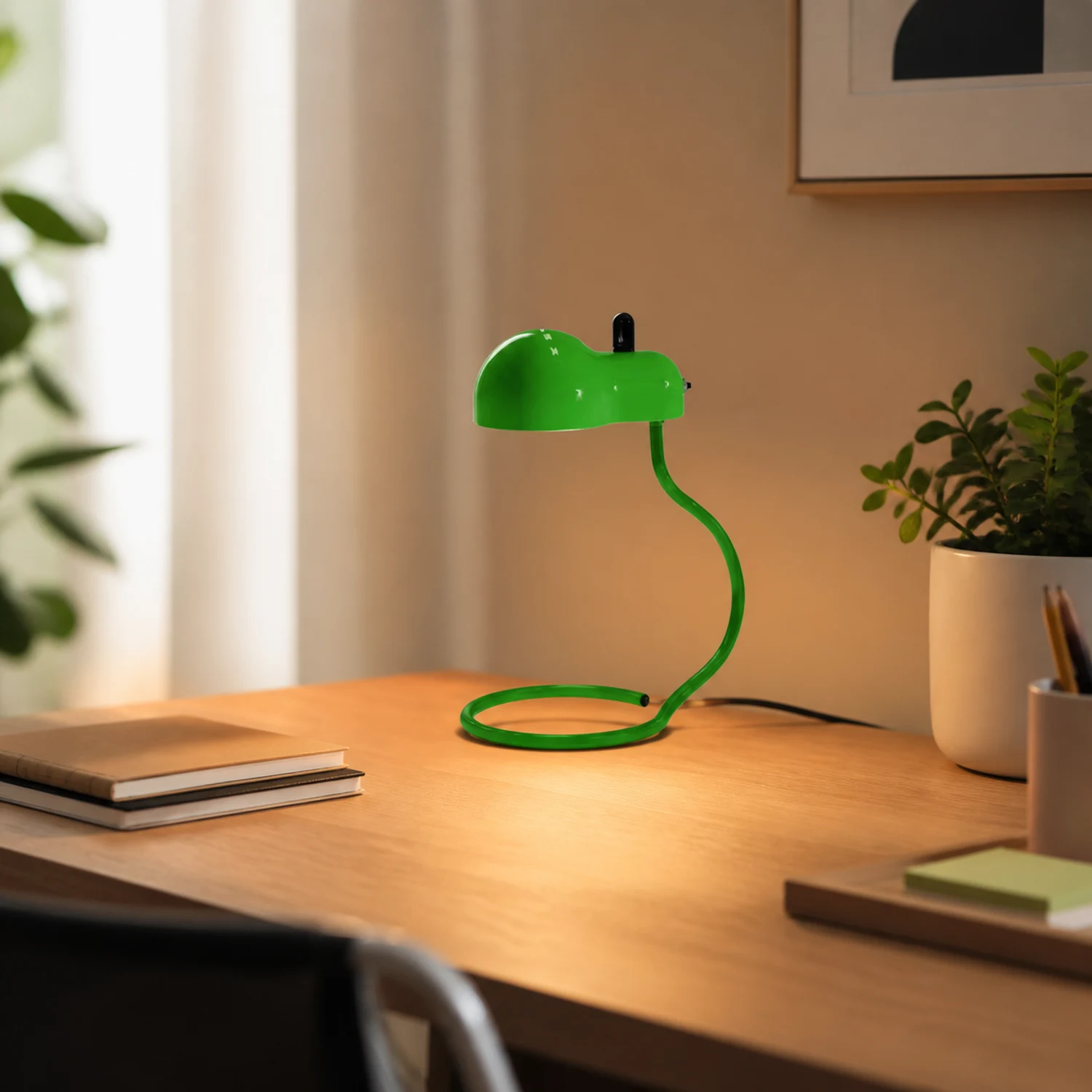 Lampe de table Minitopo verte sur un bureau