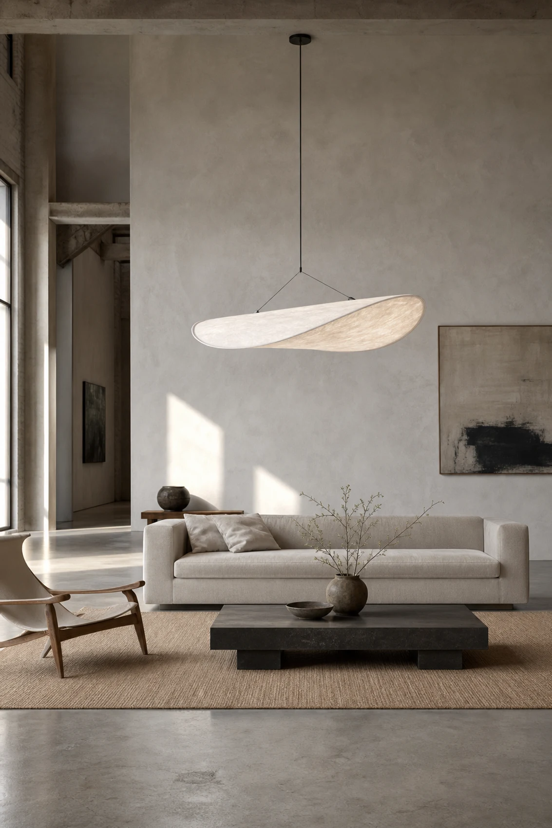 Escena de salón tipo loft generada con lámpara colgante Sivelle.