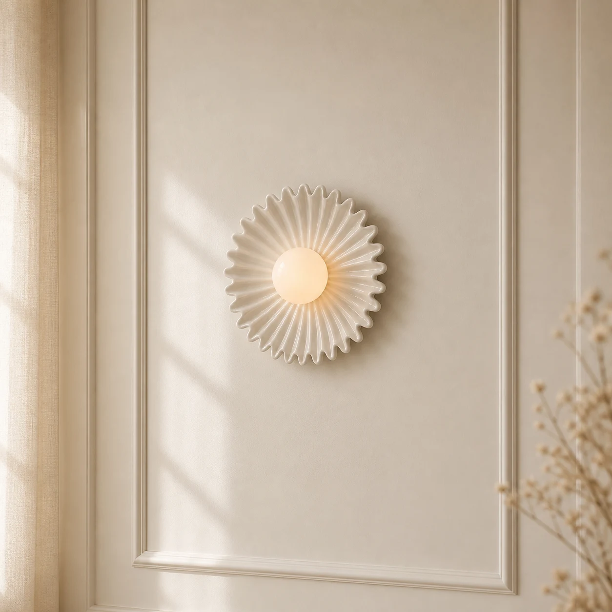 Beige keramische wandlamp in de vorm van een bloem