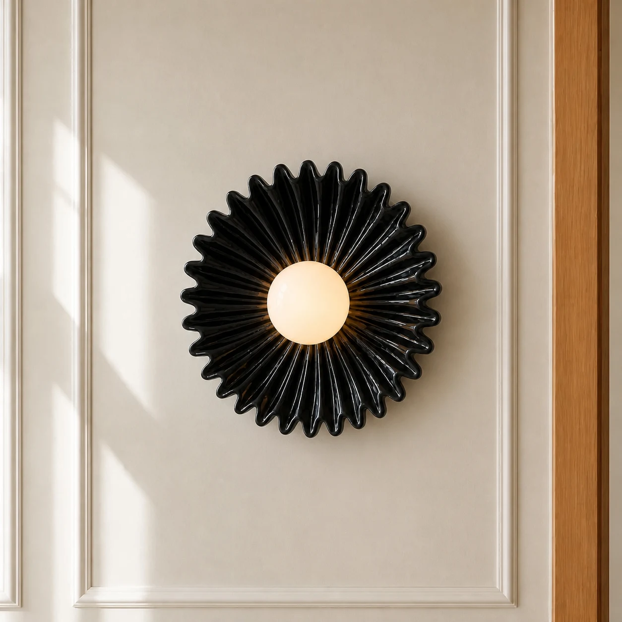 Zwarte keramische wandlamp in de vorm van een bloem