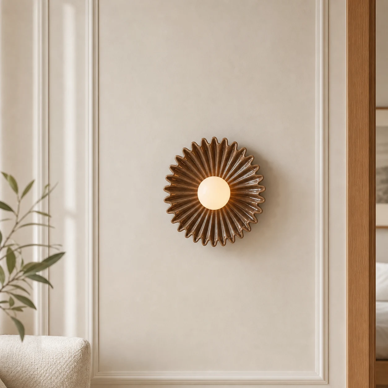 Bruine keramische wandlamp in de vorm van een bloem