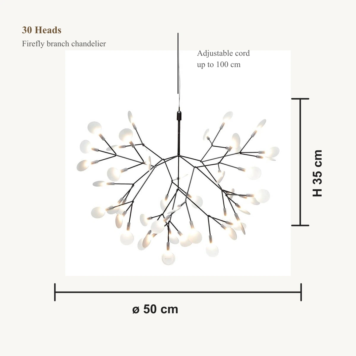 Größendiagramm für einen Kronleuchter mit 30 Glühwürmchenzweigen