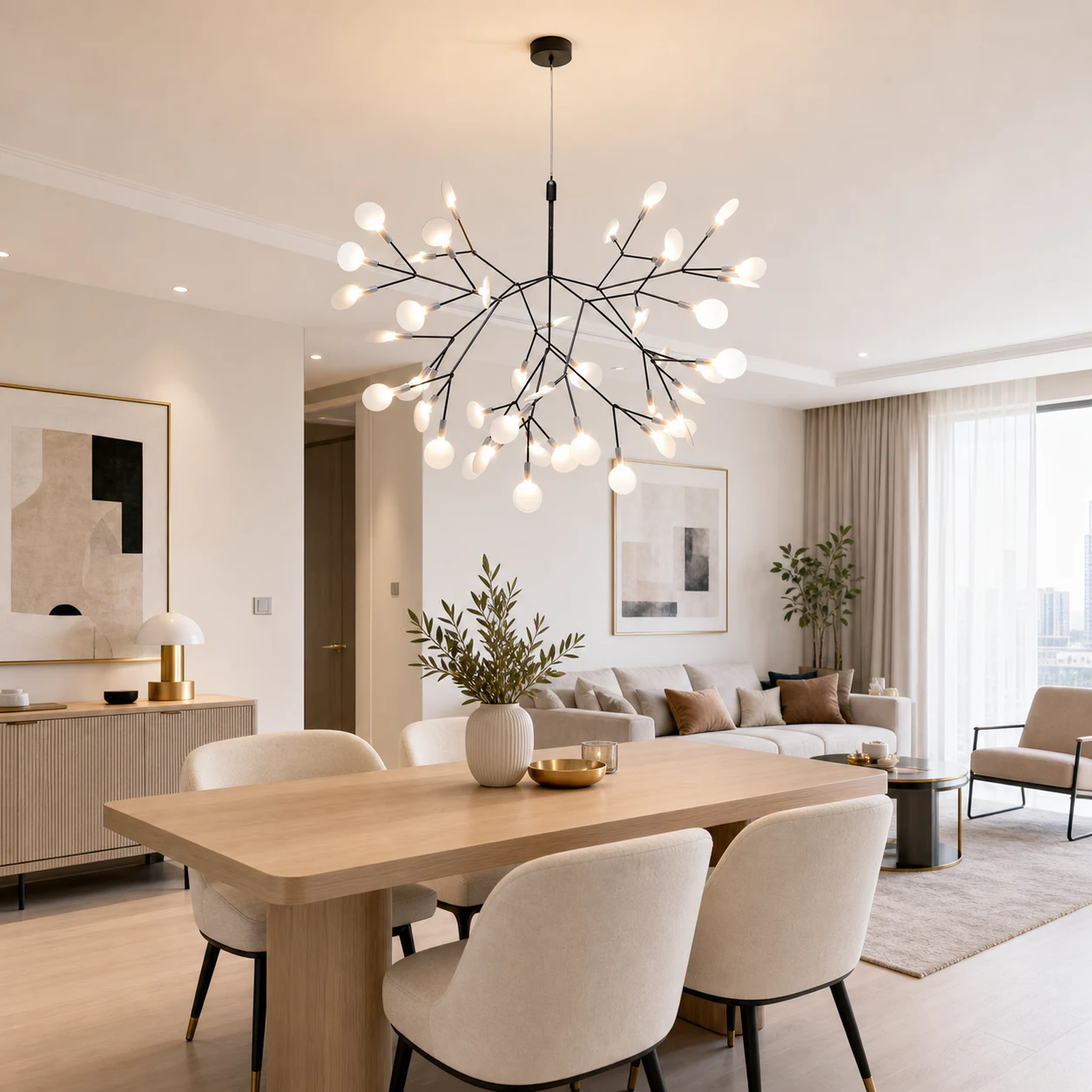 Hera-Glühwürmchen-Zweig-Kronleuchter im nordischen Luxus-Esszimmer