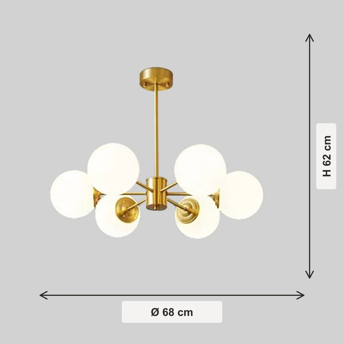 Modern six-light chandelier size diagram showing 68 cm diameter and 62 cm height