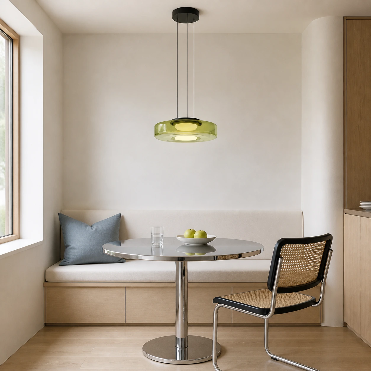 Zielona, ​​jednowarstwowa lampa wisząca Cove nad nordyckim kącikiem śniadaniowym
