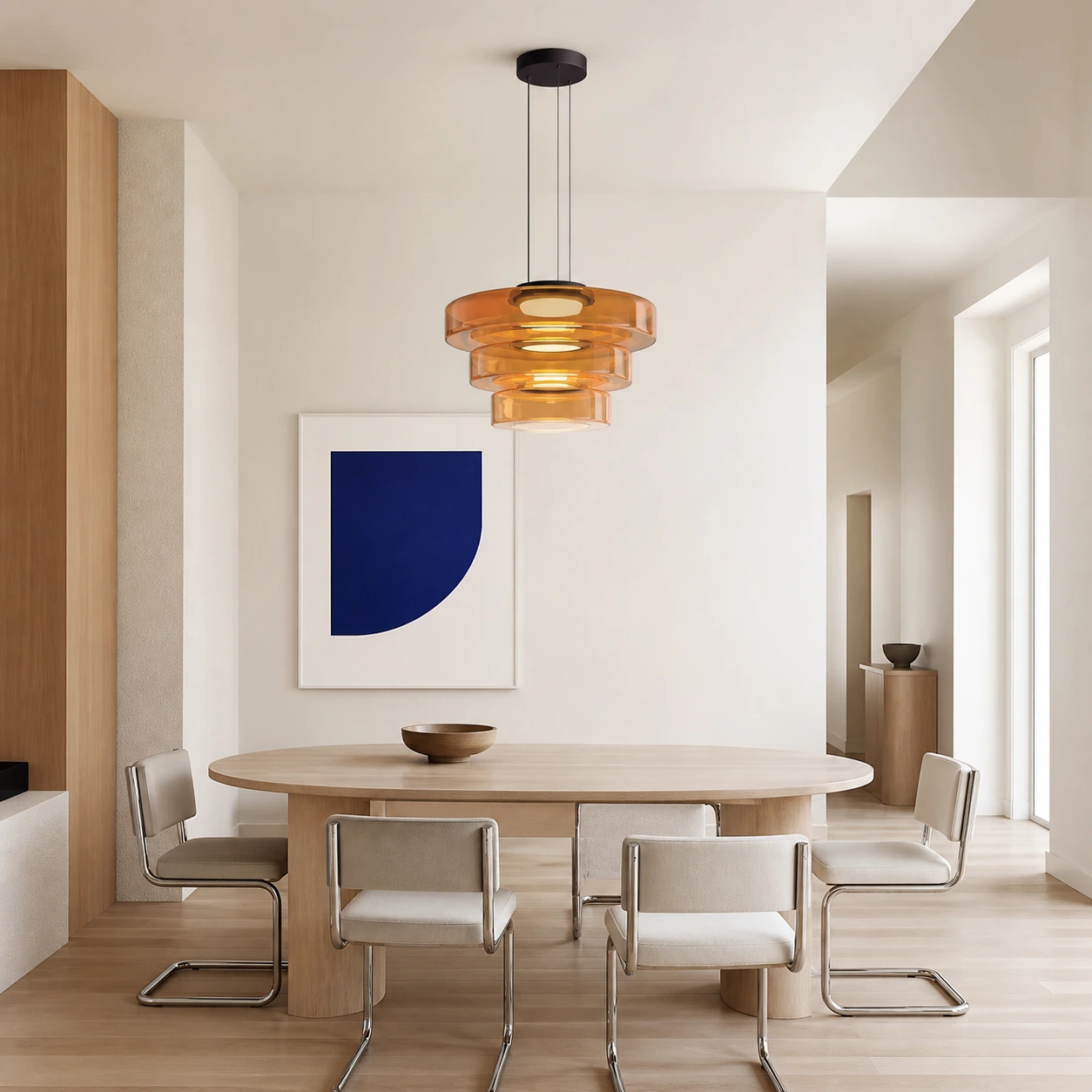 Bursztynowa lampa wisząca Cove z trzema warstwami w jadalni w stylu nordyckim Bauhaus