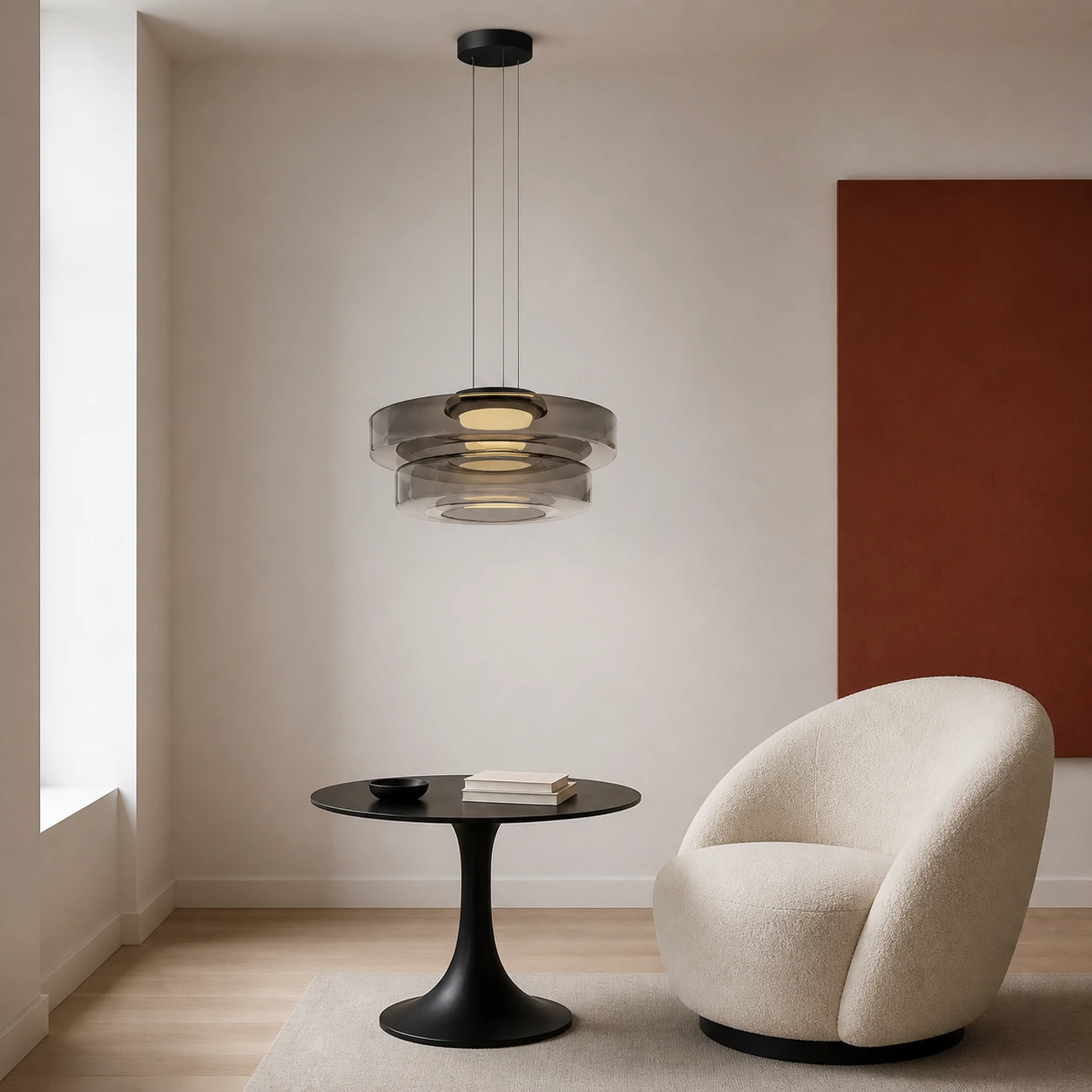 Dwuwarstwowa lampa wisząca Cove w kolorze Smoke Grey w nowoczesnym salonie czytelniczym