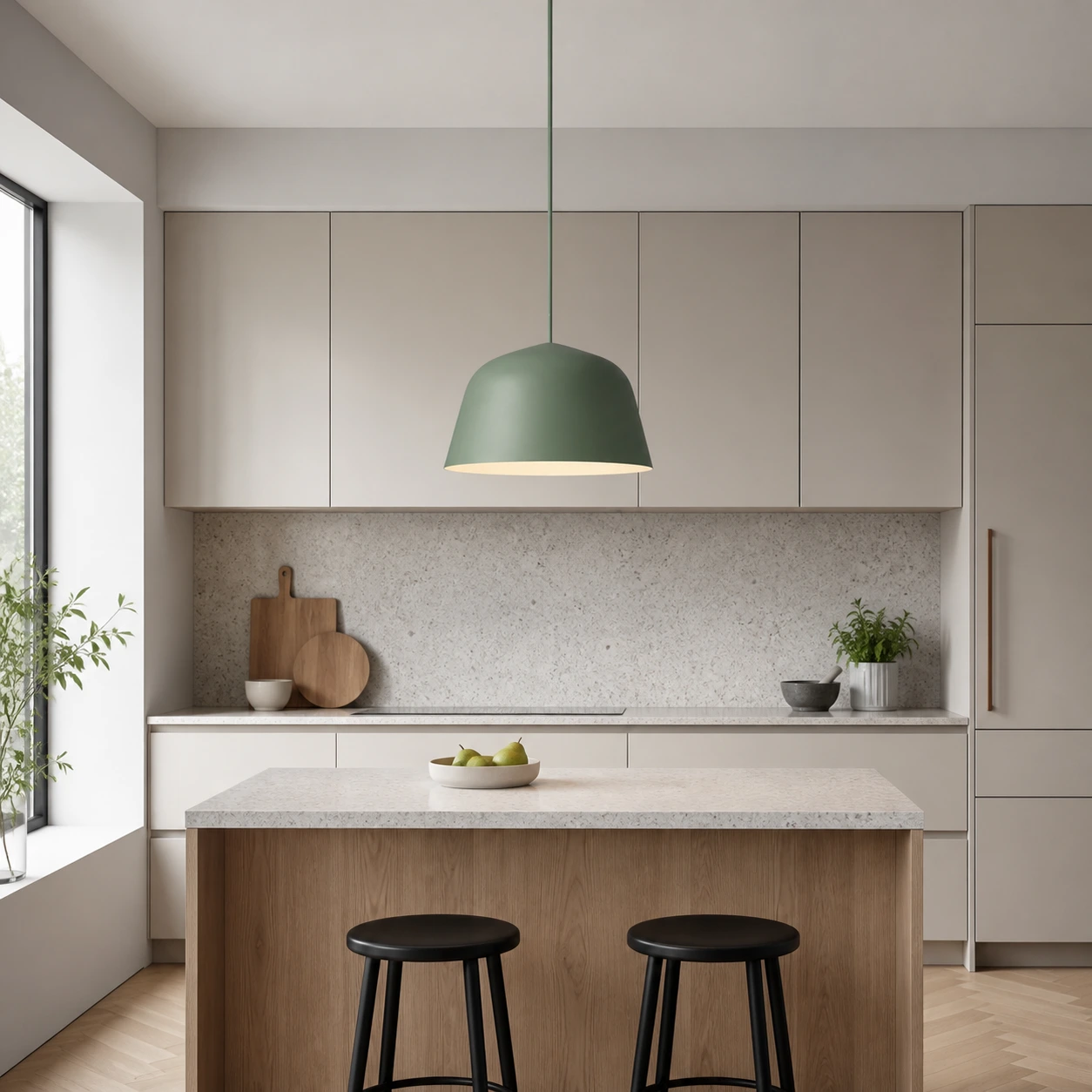 Green Eros pendant above a kitchen island