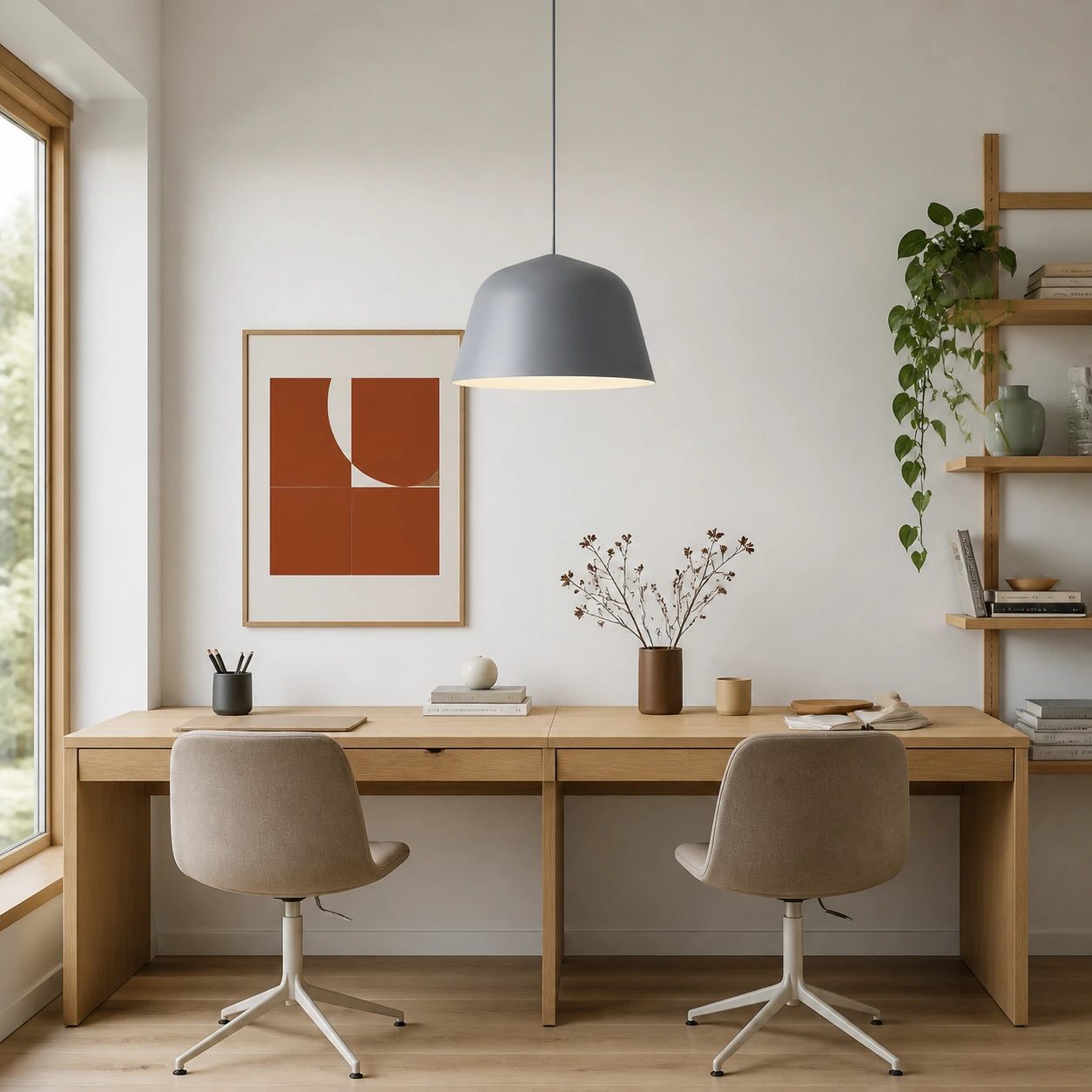 Gray Eros pendant above a shared workspace