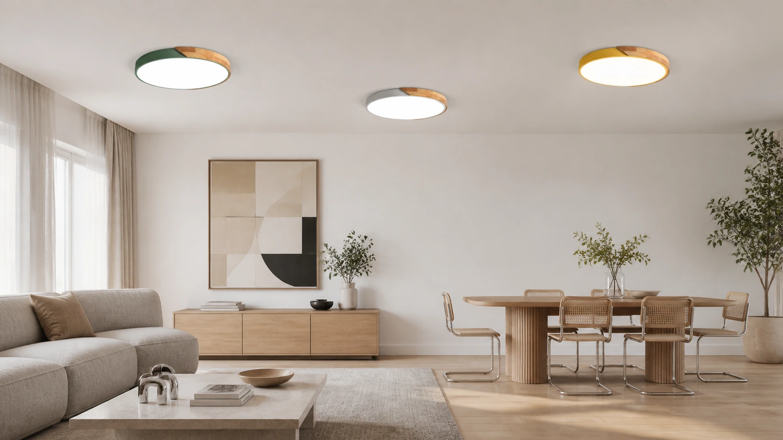 Three Apollo flush-mount ceiling lights in a refined Nordic modern living and dining room
