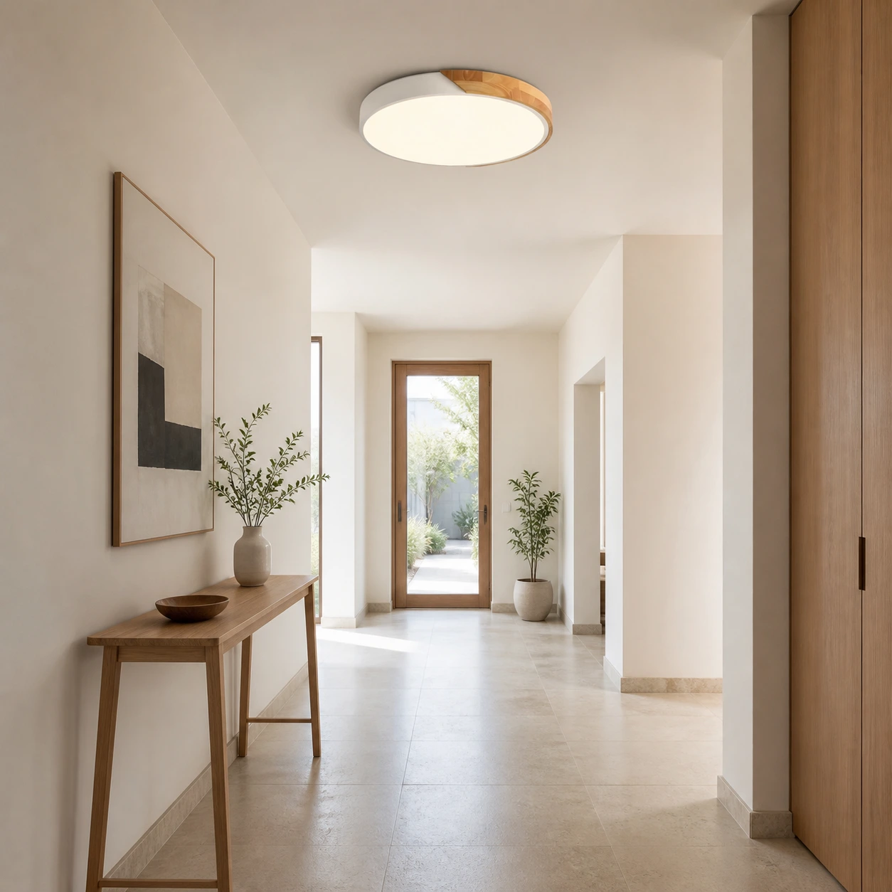 White Apollo ceiling light in a bright modern hallway