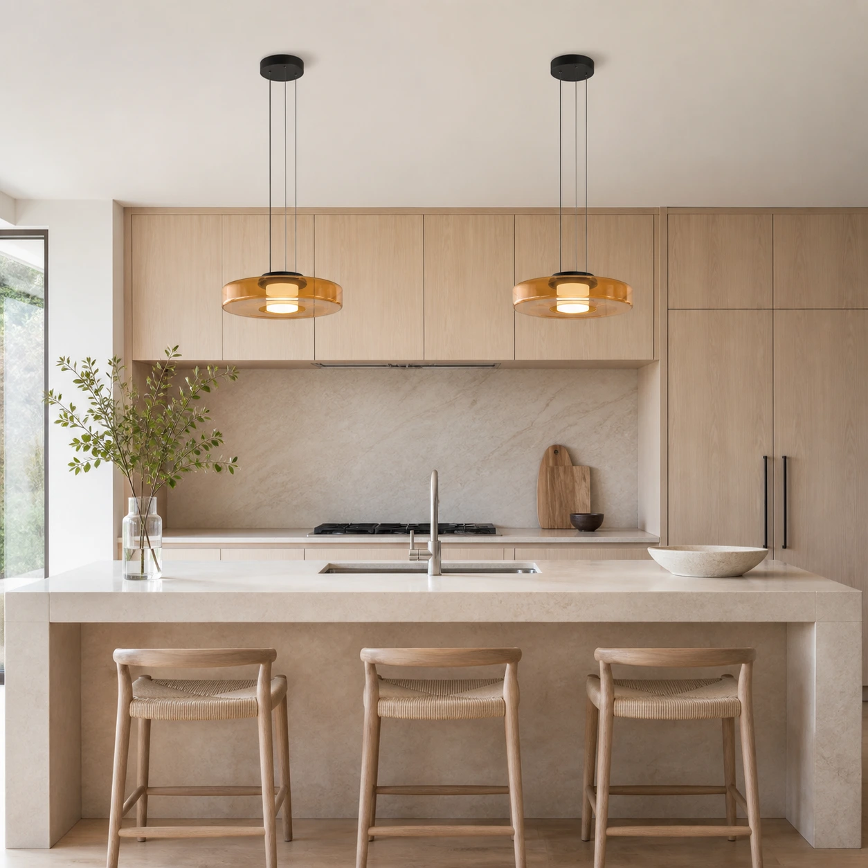 Dwie lampy wiszące Amber Cove o pojedynczej warstwie nad wyspą kuchenną w stylu nordyckim Bauhaus