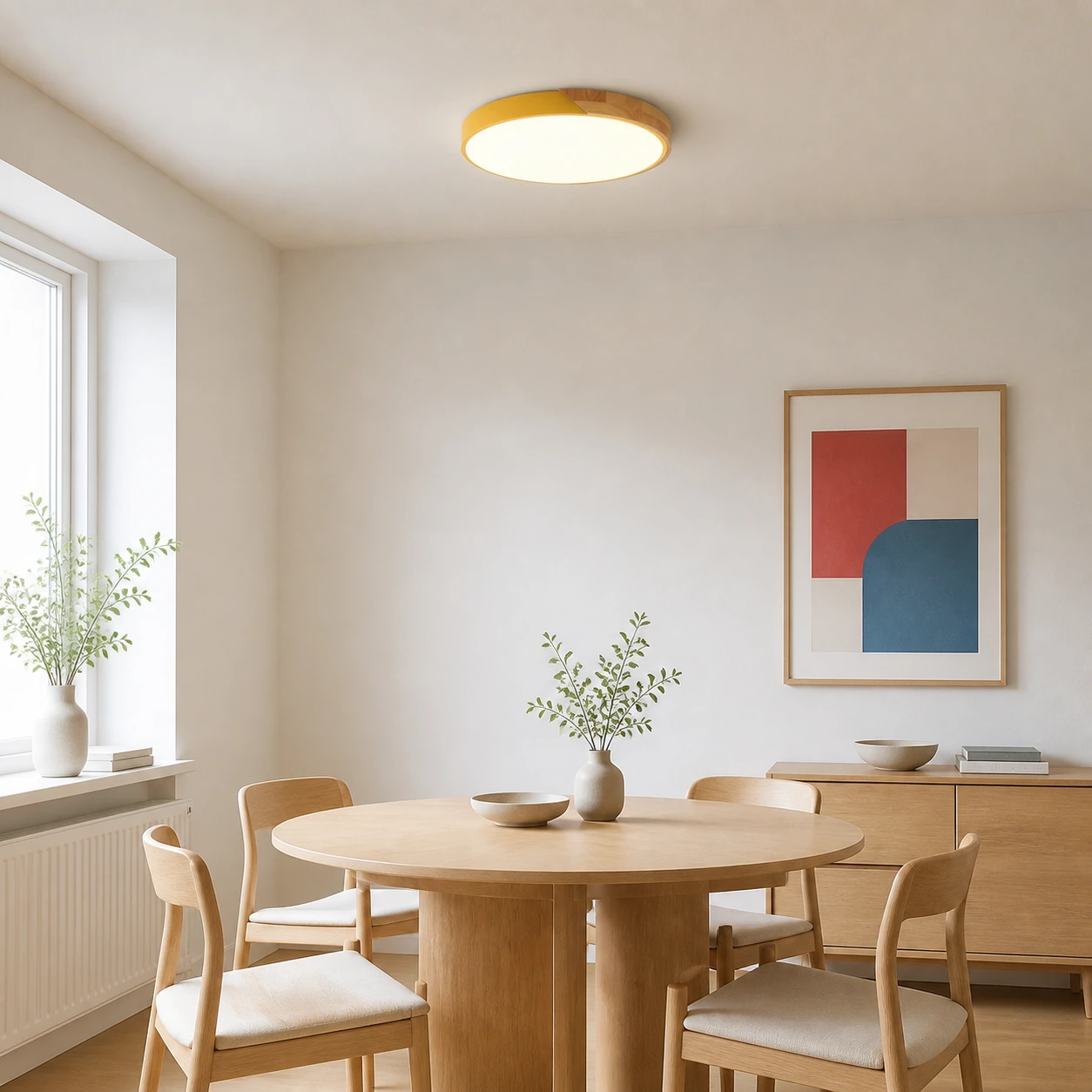 Yellow Apollo ceiling light in a Nordic dining room