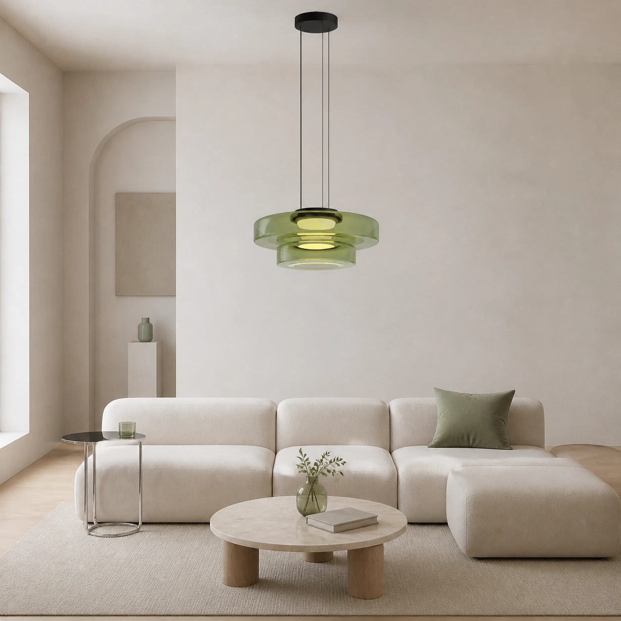 Zielona, ​​dwuwarstwowa lampa wisząca Cove w jasnym, nowoczesnym salonie
