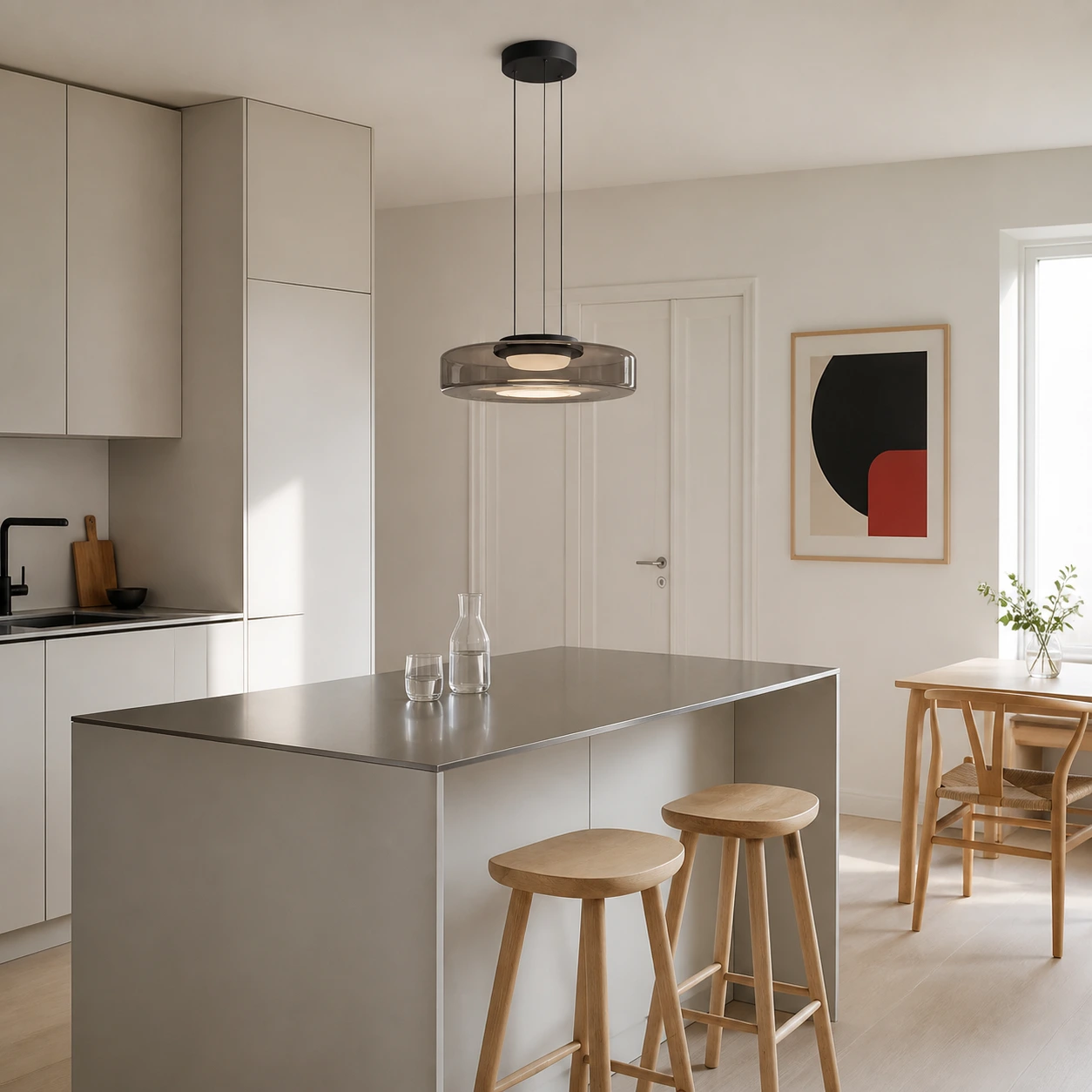 Jednowarstwowa lampa wisząca Cove w kolorze Smoke Grey nad wyspą kuchenną