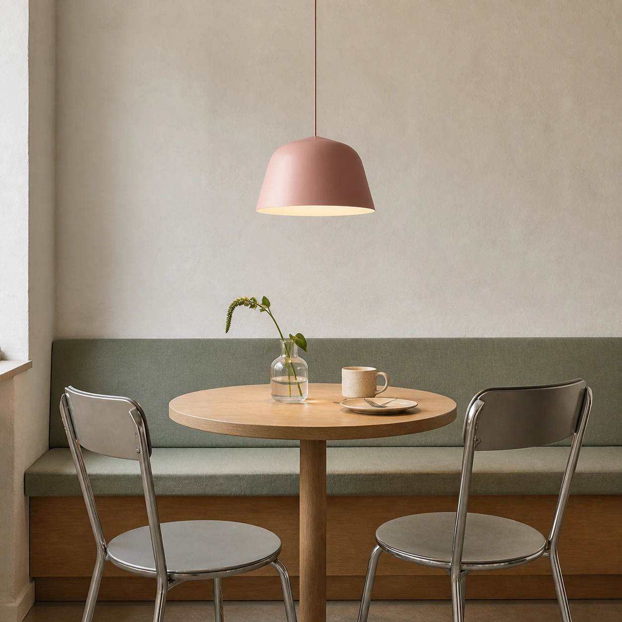Rose Eros pendant above a compact dining table