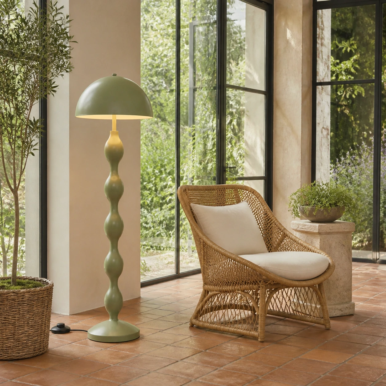 Lampada da terra verde in una luminosa veranda vetrata.