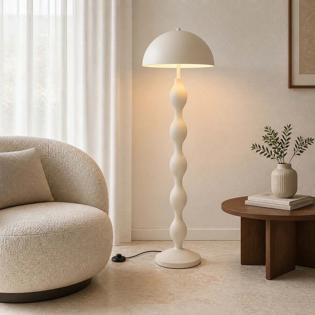 Lampada da terra a stelo con cupola beige in un angolo lettura