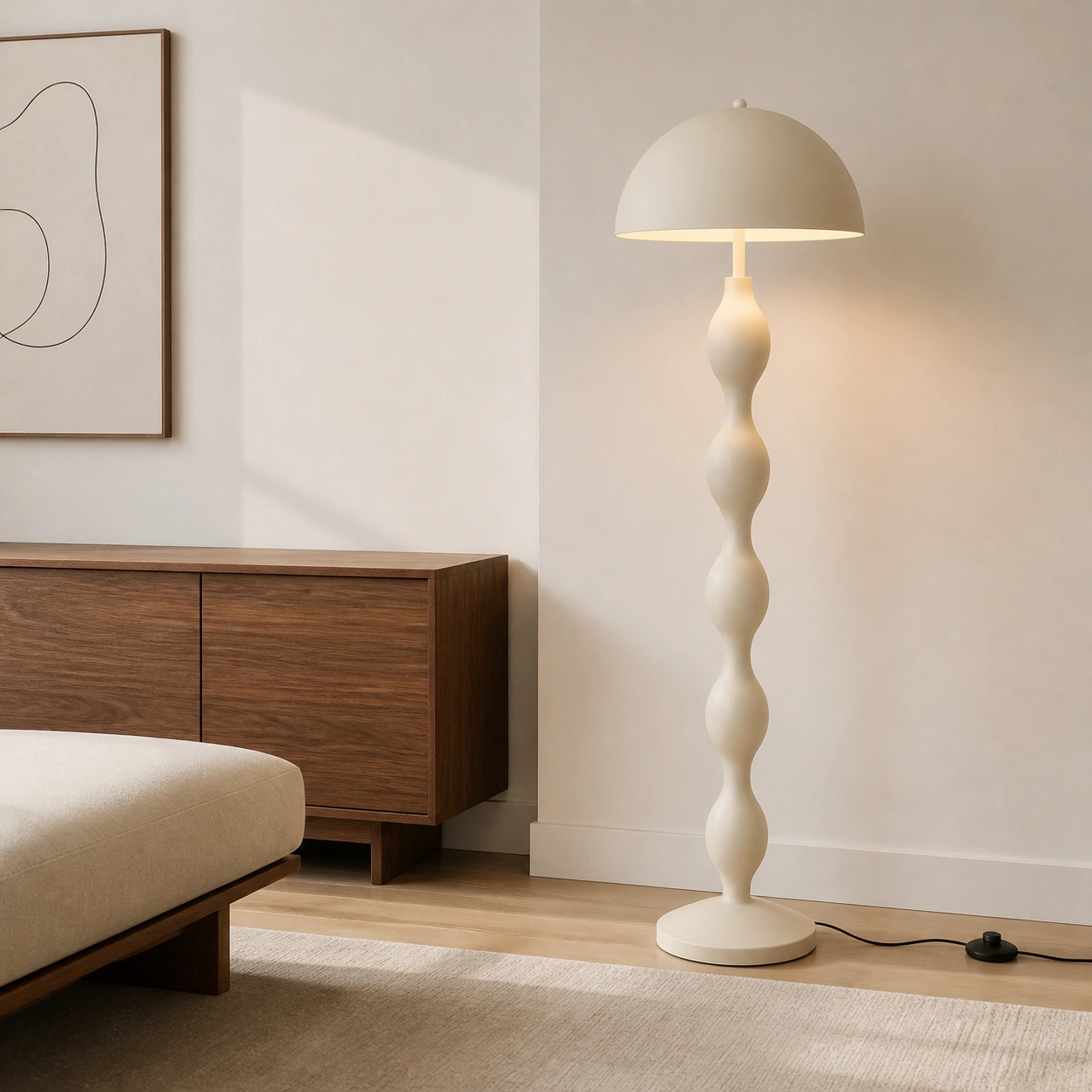 Lampada da terra beige accanto a una credenza in noce.