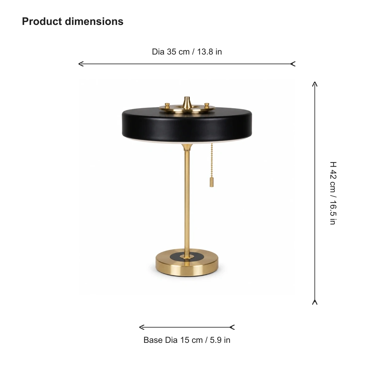 Revolve table lamp dimensions 35 centimetres diameter 42 centimetres high and 15 centimetres base