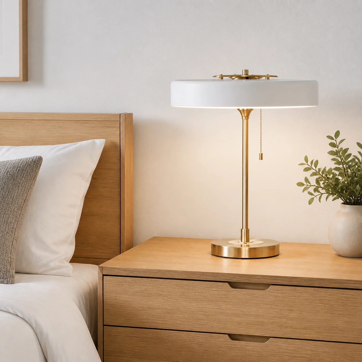 White Revolve table lamp on a bedroom dresser